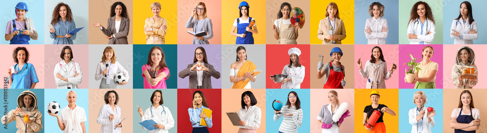 Many women of different professions on color background. Women's History Month Many women of different professions on color background. Women's History Month