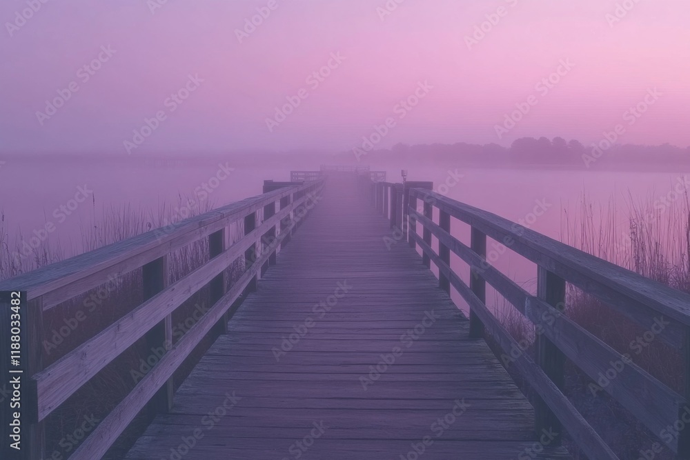 Foggy wooden pier stretching into a serene lake Foggy wooden pier stretching into a serene lake