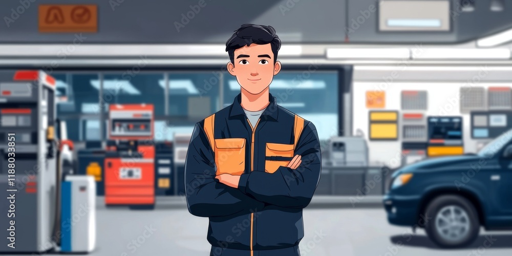 Fototapeta premium Gas station worker wearing uniform smiling