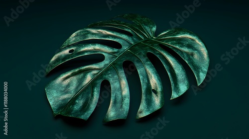 A single metallic green monstera leaf on dark background photo