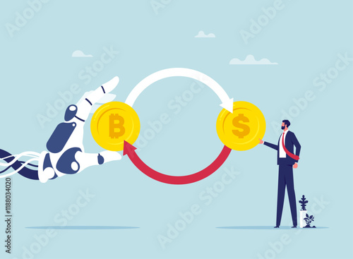 Businessman and robot with artificial intelligence. Currency exchange. Bitcoin to dollar concept, money conversion