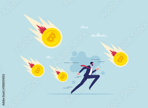 Bitcoin falling down or bitcoin crash, crypto Market falling down concept, businessman running away from Crypto markets crash
