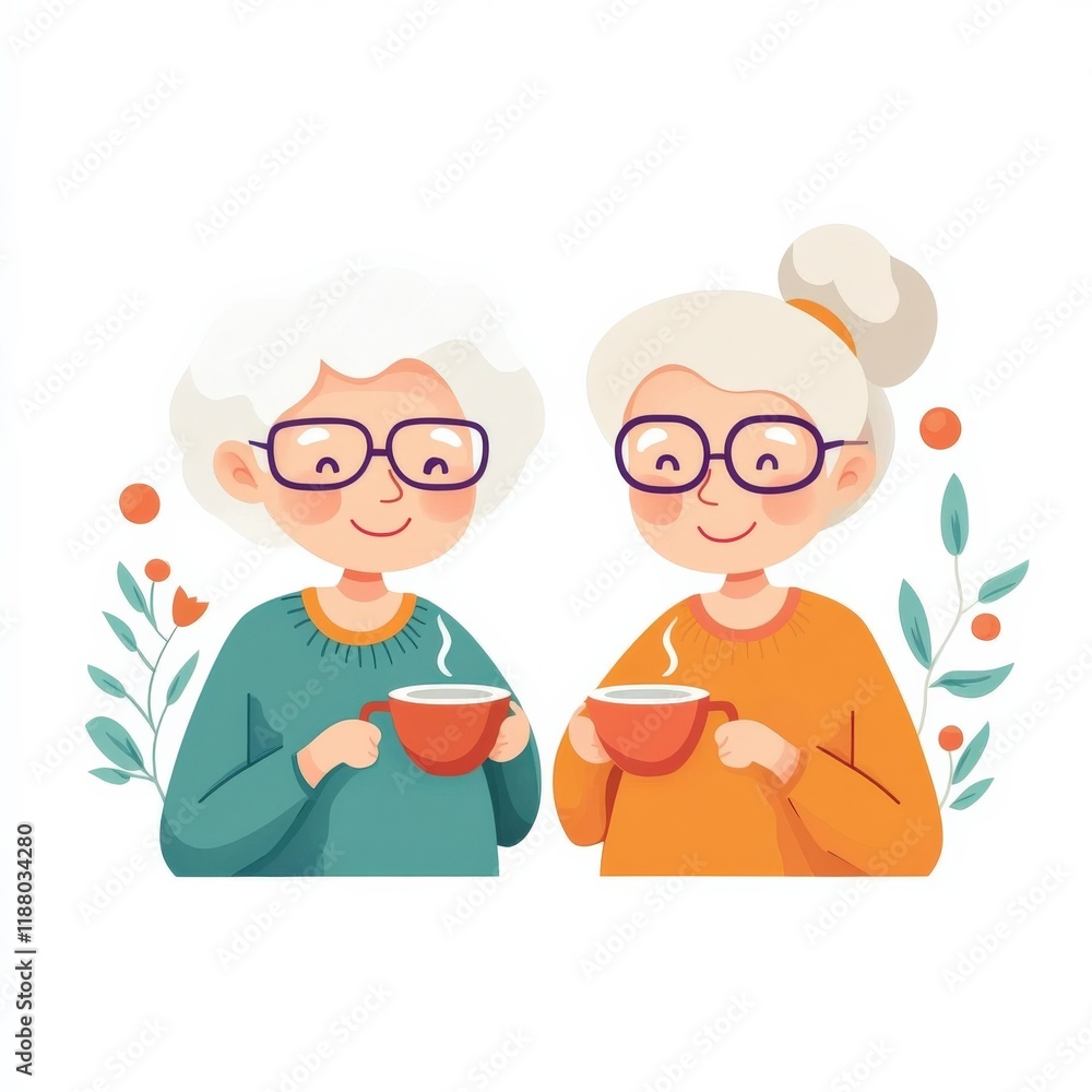 Two cheerful elderly women enjoying tea together, showcasing friendship and warmth with colorful sweaters and cute glasses, surrounded by nature-inspired elements. Two cheerful elderly women enjoying tea together, showcasing friendship and warmth with colorful sweaters and cute glasses, surrounded by nature-inspired elements.