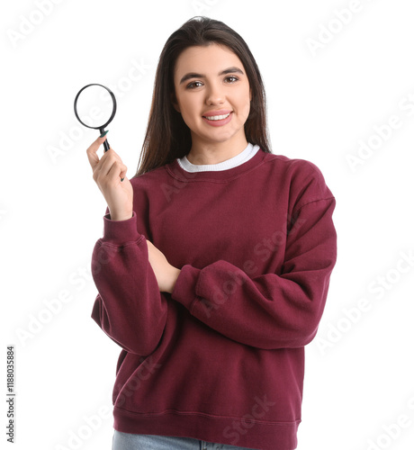 Young woman with magnifier ...