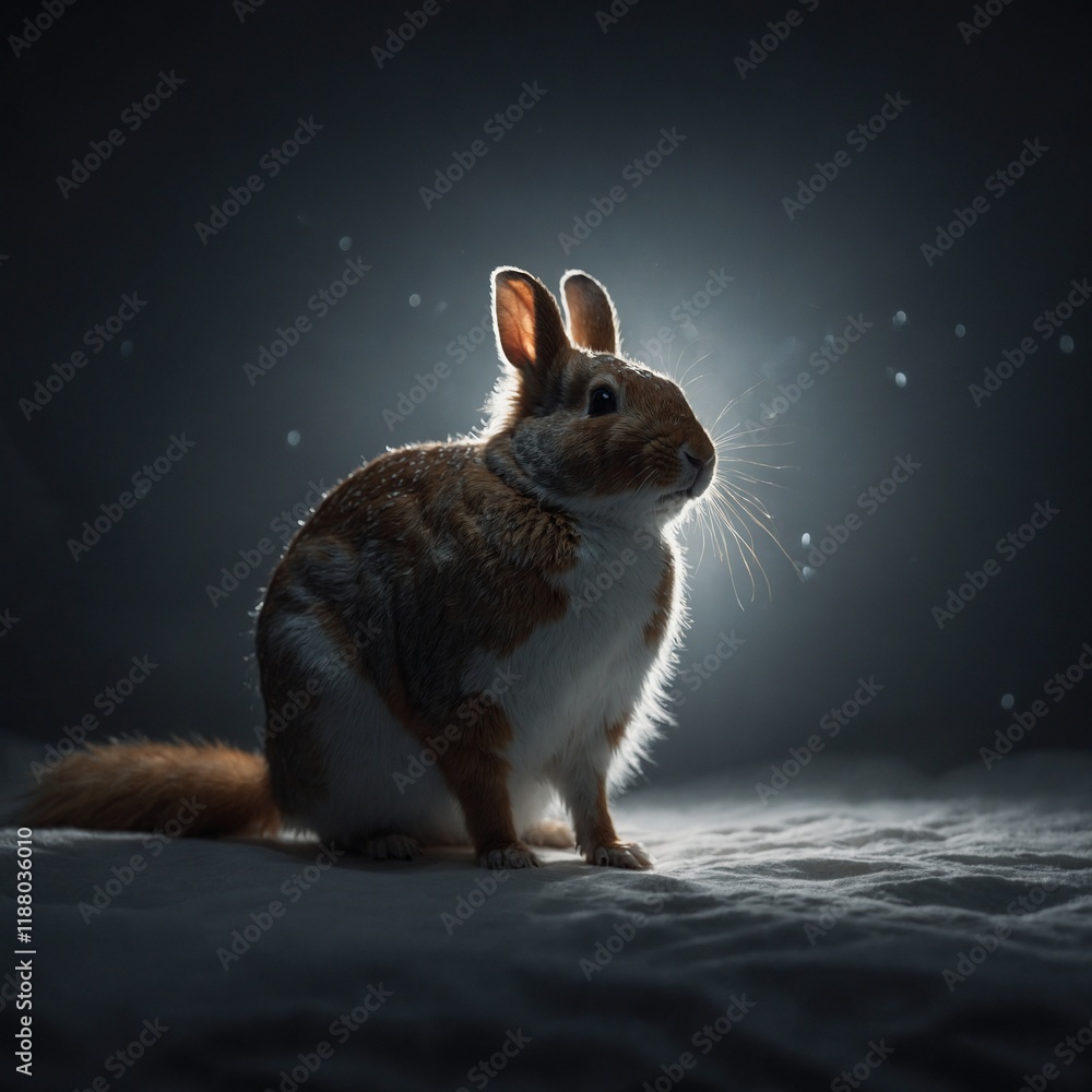 Robbit emitting soft glowing lights in a darkened white room. Robbit emitting soft glowing lights in a darkened white room.