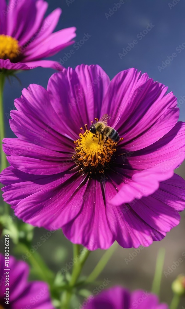 A bee landing on the petals of a bright purple cosmos flower, bees on flowers, cosmos bloom A bee landing on the petals of a bright purple cosmos flower, bees on flowers, cosmos bloom