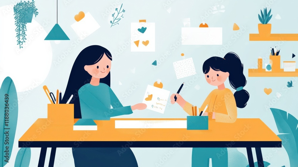 Creative Collaboration Between Mother and Daughter with Art Supplies and Colorful Artwork in a Bright and Cheerful Home Environment Creative Collaboration Between Mother and Daughter with Art Supplies and Colorful Artwork in a Bright and Cheerful Home Environment
