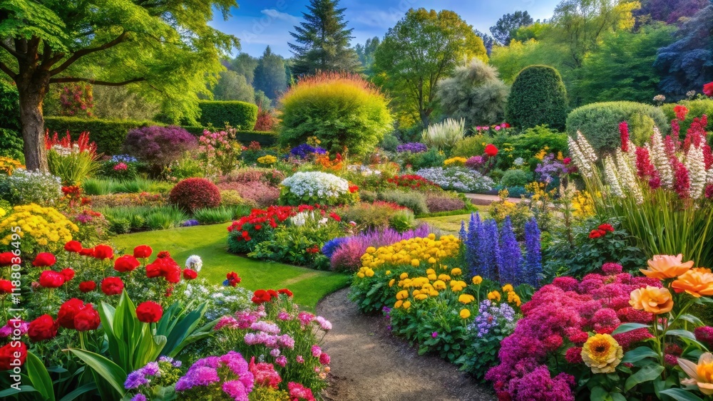 Fototapeta premium A blooming garden in full color with vibrant flowers and lush greenery, view, growth, colorful, new beginnings