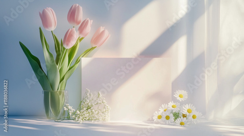 Wallpaper Mural Blank envelope mockup next to pink tulips and daisies in bright, soft light setting Torontodigital.ca