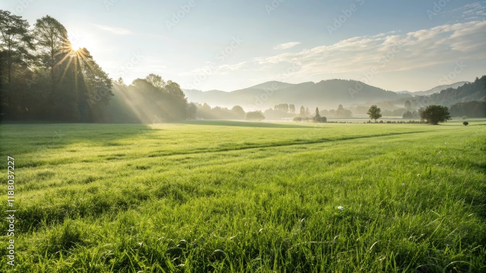 Fototapeta premium A delicate balance of nature with a gentle sun shining down on a lush natural grass field, peaceful scene, outdoor landscape, green, grassland
