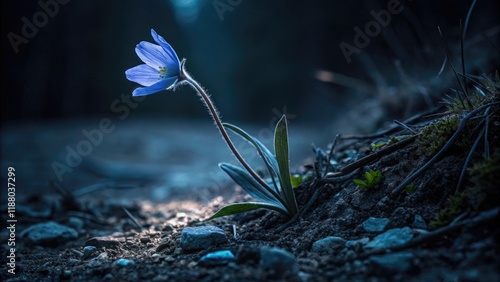 A delicate blue flower unfurls its petals in response to the gentle glow of ultraviolet light on a dark and deserted landscape, blue flowers, natural wonder, eerie serenity photo