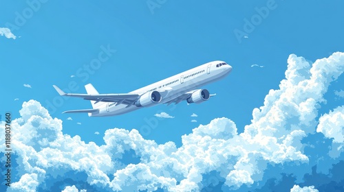 Airplane soaring above fluffy clouds, sunny sky, travel