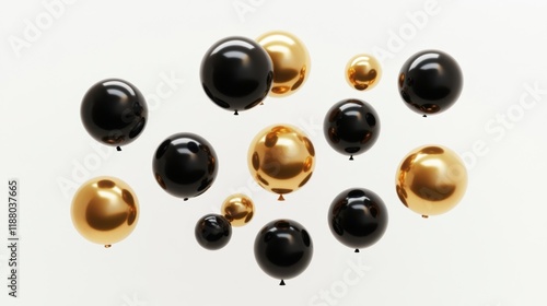 A collection of D gold and black balloons floating against a white backdrop, perfect for a birthday, anniversary, or festive greeting card design.