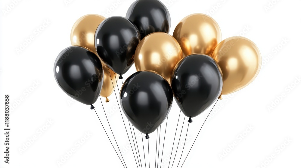 A collection of realistic D gold and black helium balloons flying on a white background, ideal for a celebration poster or a happy anniversary banner. A collection of realistic D gold and black helium balloons flying on a white background, ideal for a celebration poster or a happy anniversary banner.