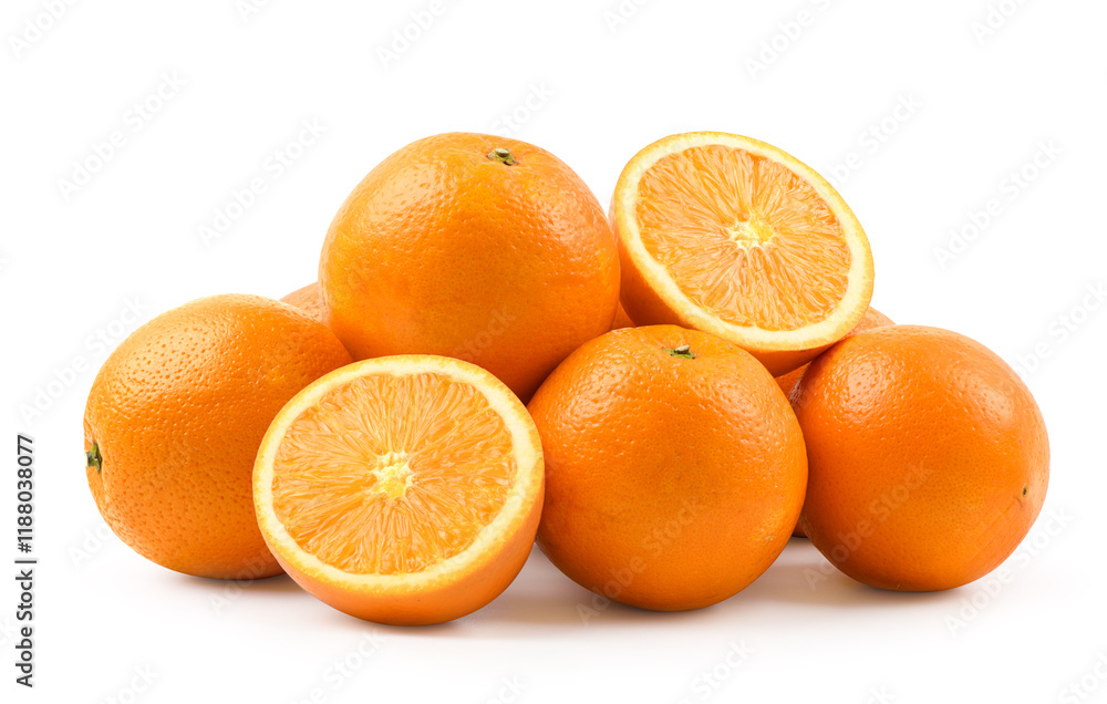 Fresh oranges with cut in half isolated on white background. Clipping path. Fresh oranges with cut in half isolated on white background. Clipping path.