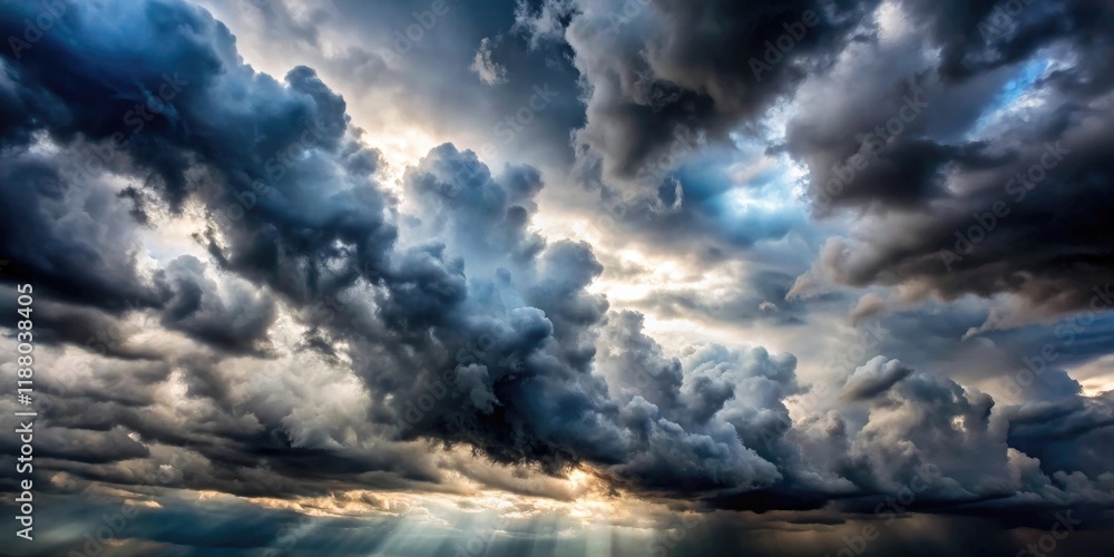 Obraz premium A dense bank of dark grey clouds blocks the sun's rays in a dramatic landscape, cloudy, dramatic