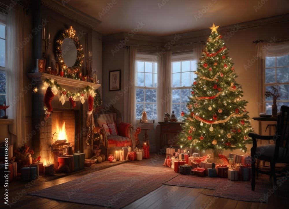 Fototapeta premium A dimly lit room filled with Christmas decorations and twinkling lights, twinkle lights, icy accents, festive atmosphere