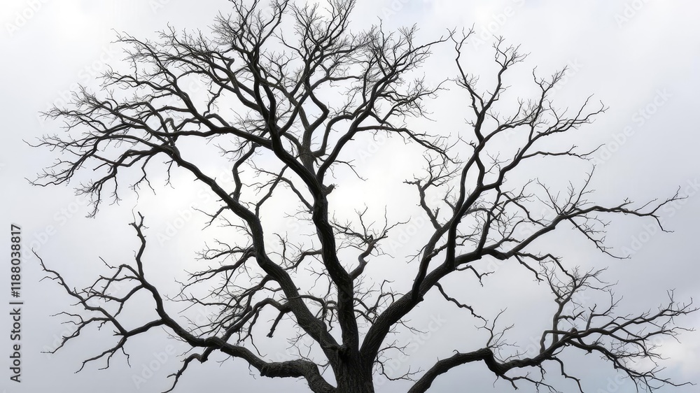 A dry and barren tree stands tall against a backdrop of soft, white clouds, its branches like skeletal fingers reaching for the sky, solitude, natural A dry and barren tree stands tall against a backdrop of soft, white clouds, its branches like skeletal fingers reaching for the sky, solitude, natural