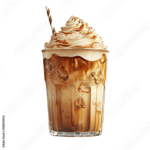 Creamy Iced Coffee Beverage with Whipped Cream and Straw on Transparent Background for Refreshing Summer Delight