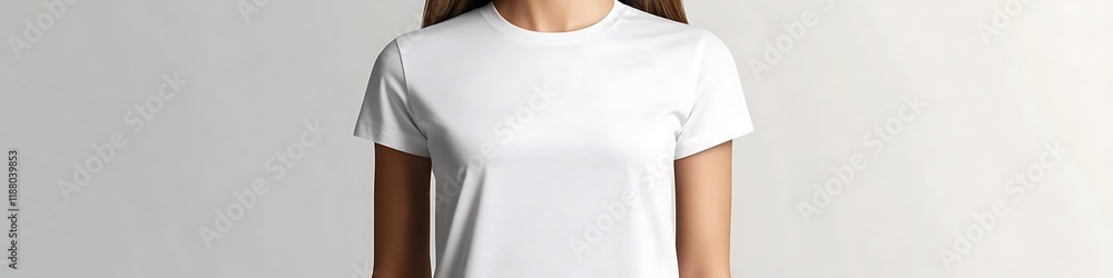 Realistic white t-shirt template for women, front view, detailed, on a plain white background. Realistic white t-shirt template for women, front view, detailed, on a plain white background.