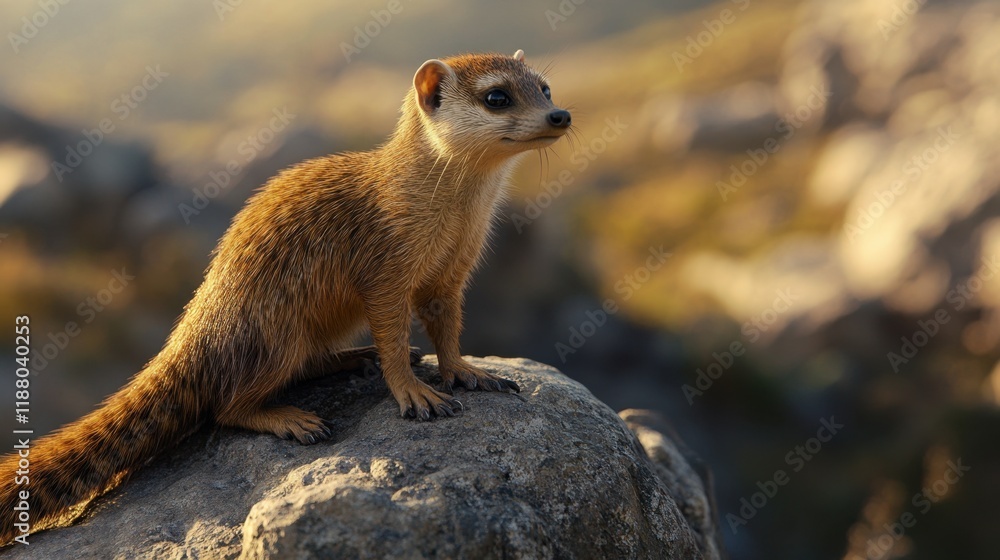 Fototapeta premium A common mongoose perched on a rock, its sleek fur glinting in the sunlight, against a backdrop of rugged European landscapes.