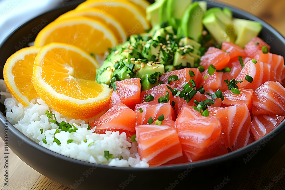 Close-up of a vibrant poke bowl with fresh salmon, avocado, and orange slices, served over a bed of white rice in a dark bowl. Close-up of a vibrant poke bowl with fresh salmon, avocado, and orange slices, served over a bed of white rice in a dark bowl.