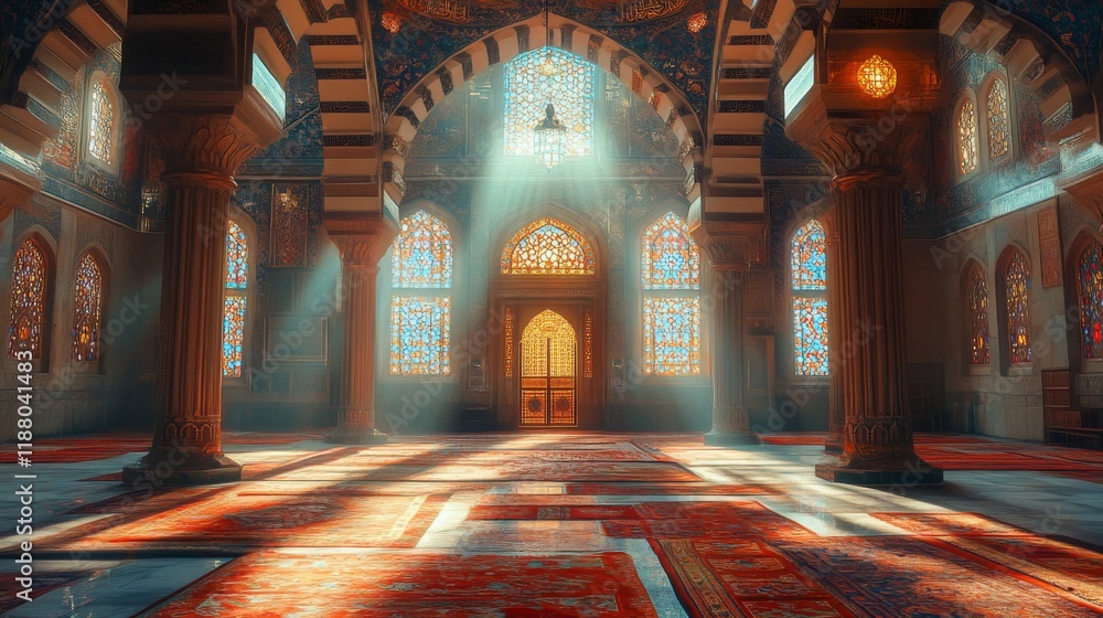 Obraz premium Sunlit Mosque Interior With Stained Glass Windows