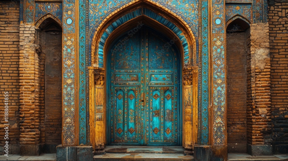 Fototapeta premium Ornate Turquoise Doorway In Ancient Brick Building