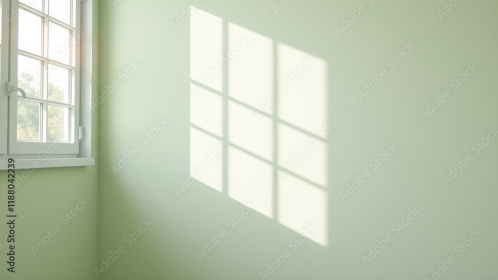 A gentle, natural light casts a delicate window shadow pattern across the wall, adding warmth and depth to the light green interior space. A gentle, natural light casts a delicate window shadow pattern across the wall, adding warmth and depth to the light green interior space.