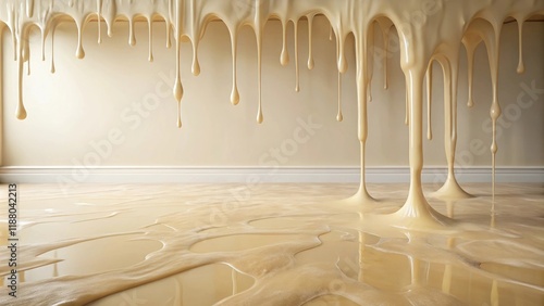 A large area of beige floor is covered in a thick layer of dripping slime, with tendrils of the substance oozing out from under the edges, beige, sticky photo