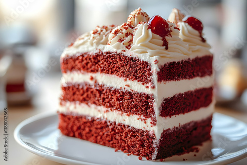 Close-up of a decadent red velvet cake slice with creamy frosting and cranberry topping, a delicious dessert treat. photo