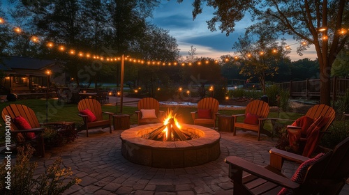 A cozy firepit surrounded by Adirondack chairs, soft blankets, and twinkling string lights, perfect for a charming outdoor evening.