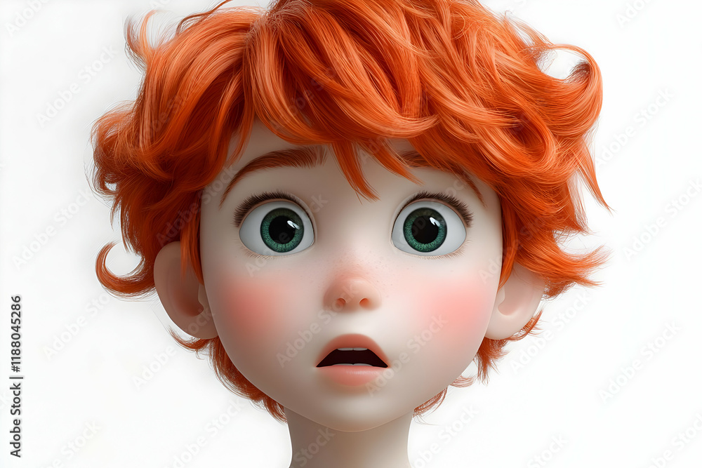 Close-up portrait of a surprised child with vibrant red hair and bright green eyes, 3D rendered illustration Close-up portrait of a surprised child with vibrant red hair and bright green eyes, 3D rendered illustration