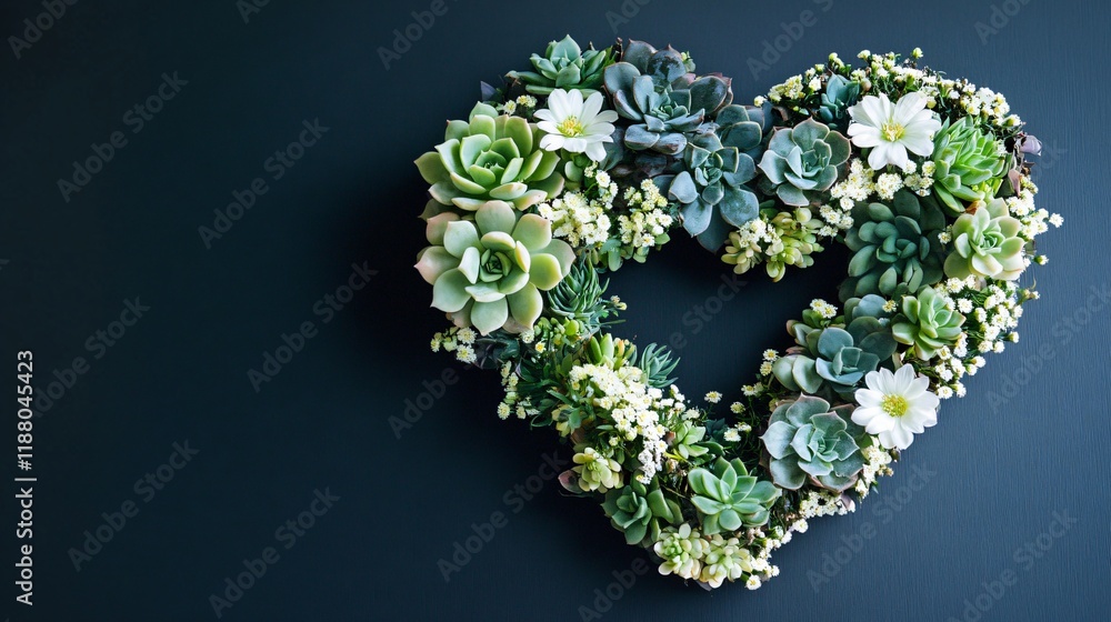 Obraz premium A modern floral heart made of succulents and small white blossoms, placed on a sleek black table