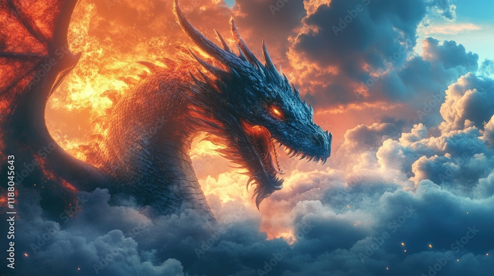 Legendary dragon among the clouds in the sky Legendary dragon among the clouds in the sky