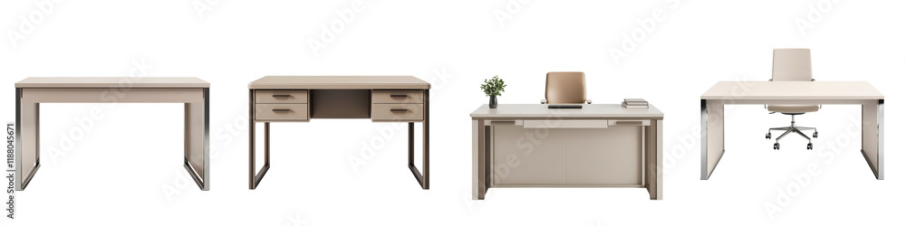 Sleek and streamlined modern minimalist office desk workspace with wooden cabinet drawers and laptop computer Sleek and streamlined modern minimalist office desk workspace with wooden cabinet drawers and laptop computer