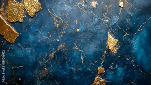 Abstract blue and gold texture with metallic elements creating a striking visual contrast