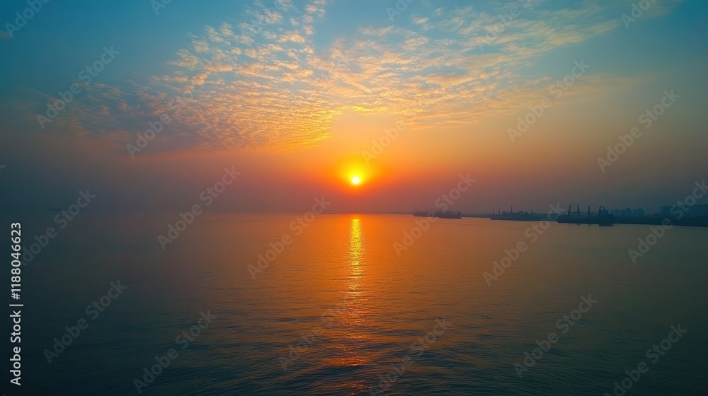 Sunrise Harbor Calm Ocean Industrial Dawn Sunrise Harbor Calm Ocean Industrial Dawn