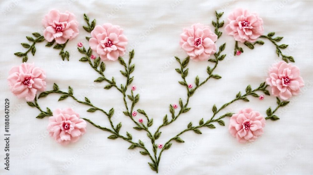 A symmetrical heart of delicate pink carnations and green sprigs, placed on a white fabric background A symmetrical heart of delicate pink carnations and green sprigs, placed on a white fabric background