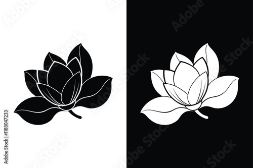 Magnolia Flower Silhouette. Elegant Black Icons on White Background