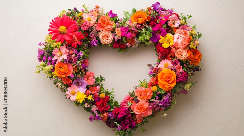A vibrant heart-shaped floral wreath of mixed garden blooms, displayed against a neutral background A vibrant heart-shaped floral wreath of mixed garden blooms, displayed against a neutral background