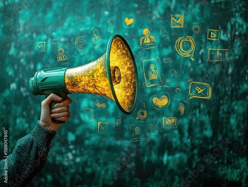 A hand holds a megaphone emitting glowing icons representing communication and social media.