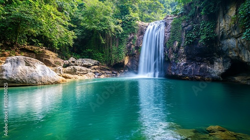 Serene Waterfall Cascading into Emerald Pool: Lush Tropical Paradise