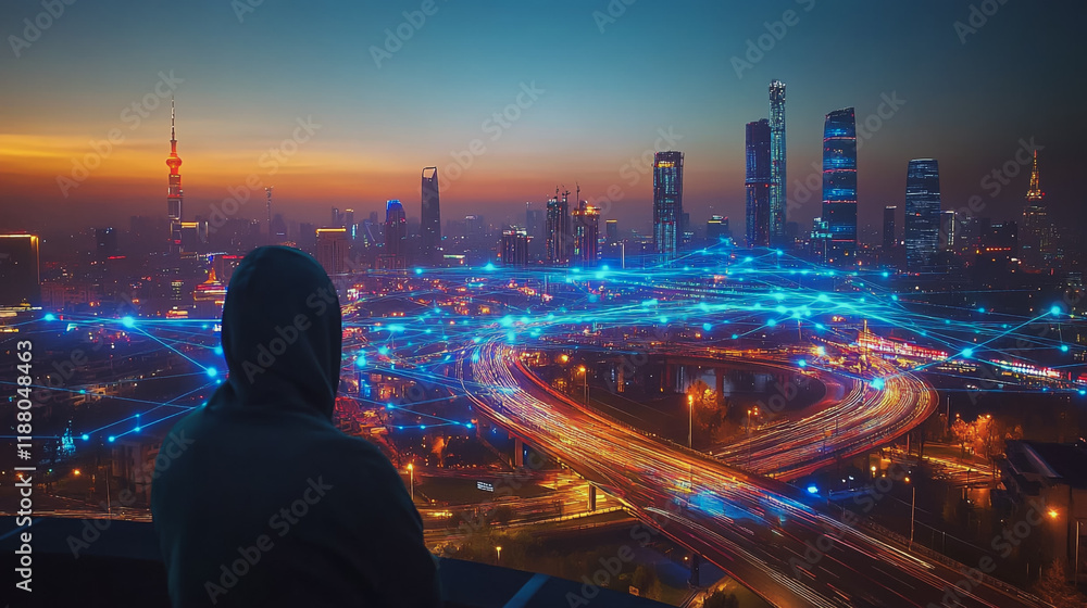 Hacker are planning to hack and attack networks and cyber security systems. Smart digital city with connection cyber security network reciprocity over the cityscape . Hacker are planning to hack and attack networks and cyber security systems. Smart digital city with connection cyber security network reciprocity over the cityscape .