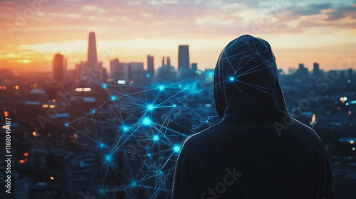 Hacker are planning to hack and attack networks and cyber security systems. Smart digital city with connection cyber security network reciprocity over the cityscape .