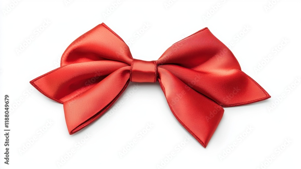 Fototapeta premium A decorative red satin bow, neatly styled with symmetrical loops, isolated on a plain white background, perfect for gift wrapping concepts.