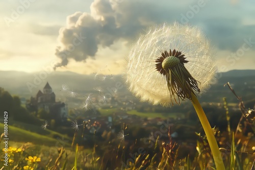 A close-up of a dandelion puff dispersing its seeds into the summer wind, with the picturesque countryside in the background. photo