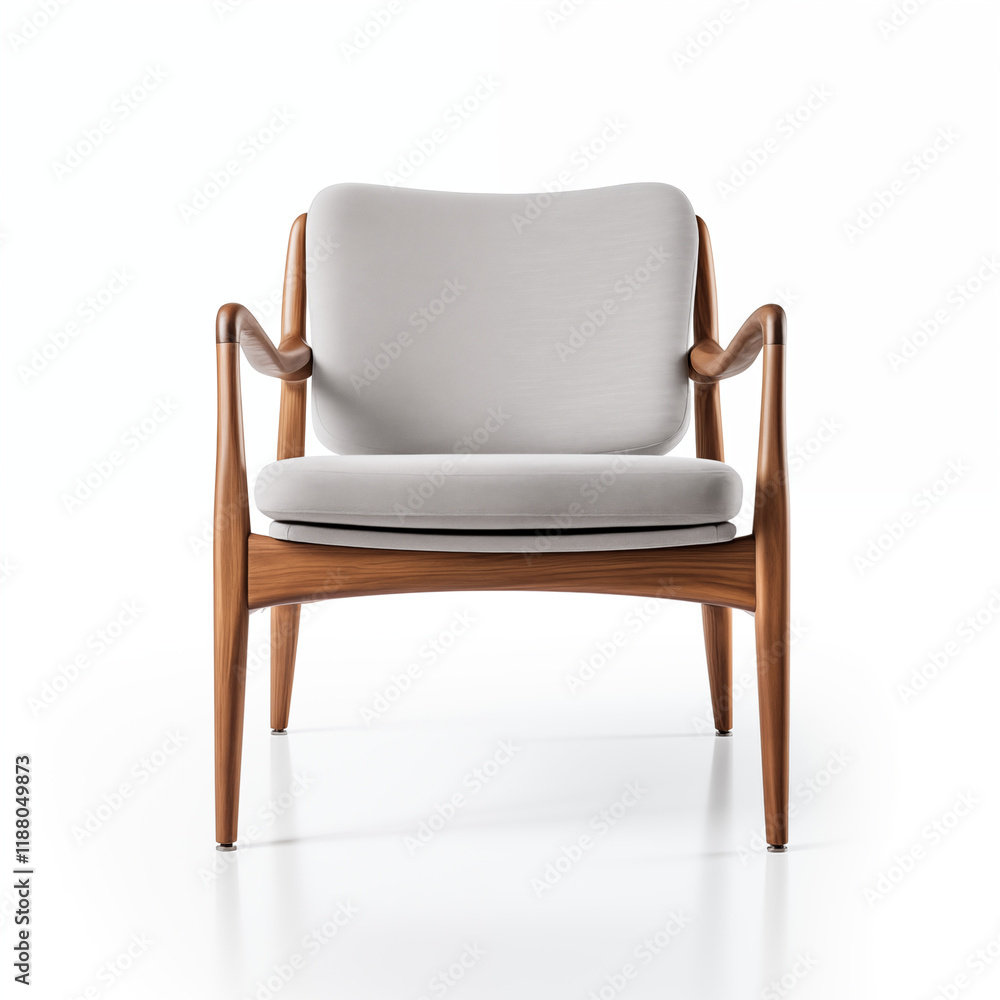 MidCentury Modern Armchair Light Grey Fabric Wooden Legs Studio Shot MidCentury Modern Armchair Light Grey Fabric Wooden Legs Studio Shot