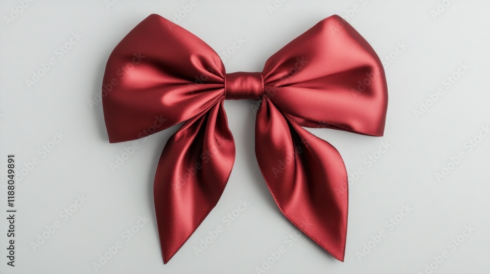 A decorative red satin bow with a gray sheen, isolated on white in a flat lay view, ideal for gift wrapping or festive projects. A decorative red satin bow with a gray sheen, isolated on white in a flat lay view, ideal for gift wrapping or festive projects.