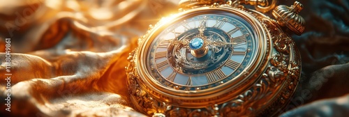 An ornate 3D clock with intricate details and a jeweled face